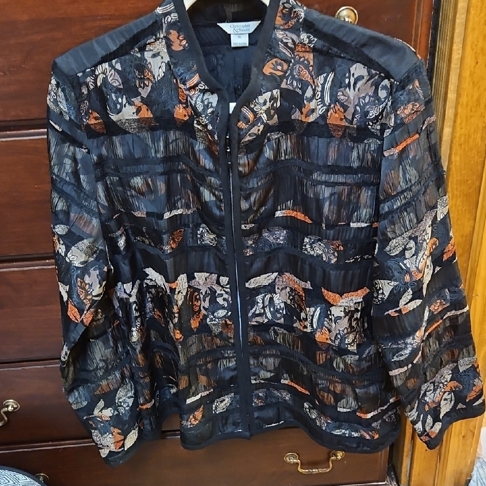 Christopher & Banks Black and Orange Blazer Nature-Inspired Print